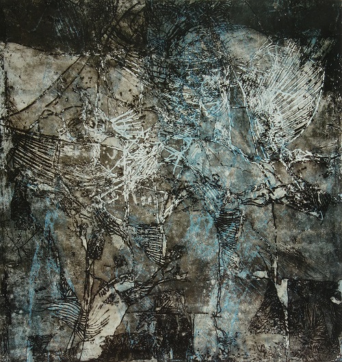 Gespinst, 1990, Farbradierung, Aquatinta, Reliefdruck, Kupferdruckpapier (Bütten) 51,5 × 49,4 cm (WV 00005.01)