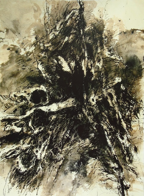 Folge Knochenholz, 2007, Chinatusche, Pinsel, Rohrfederzeichnung, Japan Papier (Bütten) 88,5 × 66,0 cm (WV 01459)